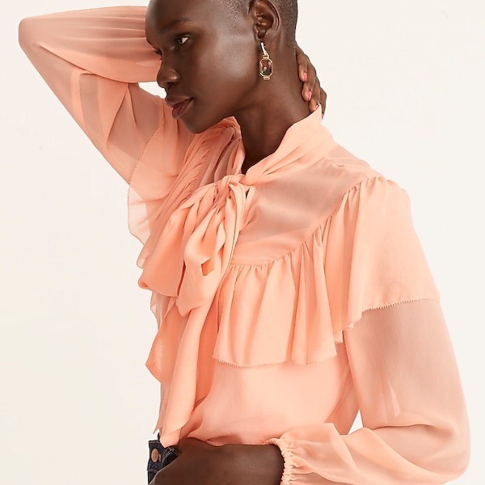 J CREW SILK TIE NECK LONG SLEEVE CHIFFON BLOUSE ROMANCE PIBKY PEACH NWT SZ MED